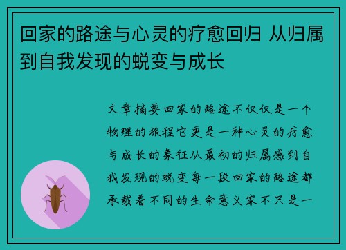 回家的路途与心灵的疗愈回归 从归属到自我发现的蜕变与成长