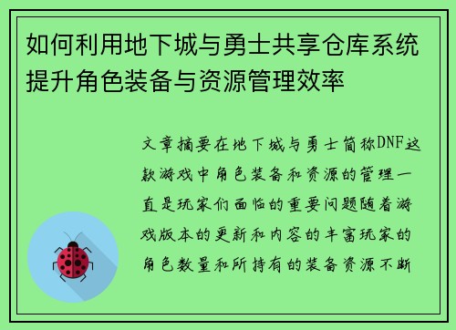 如何利用地下城与勇士共享仓库系统提升角色装备与资源管理效率