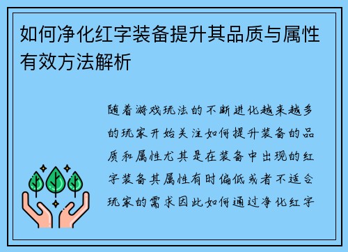 如何净化红字装备提升其品质与属性有效方法解析