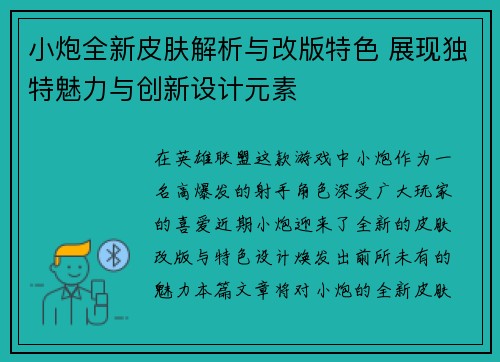 小炮全新皮肤解析与改版特色 展现独特魅力与创新设计元素
