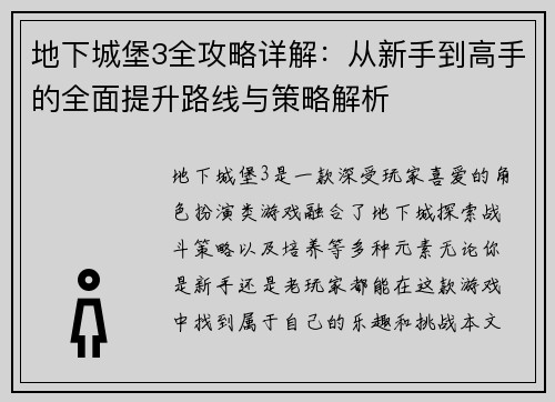 地下城堡3全攻略详解：从新手到高手的全面提升路线与策略解析